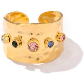 Minimalist Chunky Lava Irregular Double Row Baguette Cubic Zirconia Cocktail Rings,18K Gold Plated Stainless Steel Wide Band High Polished Exaggerated Ring for Women