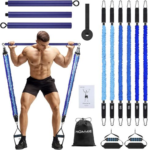 Hommie Portable Pilates Bar Kit with Resistance Bands for Men and Women, Upgraded 3 Section Pilates Bar with Resistance Bands (20/40/50lb) for Home Gym Equipment Supports Full-Body in Kuwait