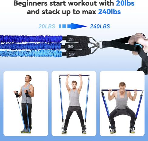 Hommie Portable Pilates Bar Kit with Resistance Bands for Men and Women, Upgraded 3 Section Pilates Bar with Resistance Bands (20/40/50lb) for Home Gym Equipment Supports Full-Body in Kuwait