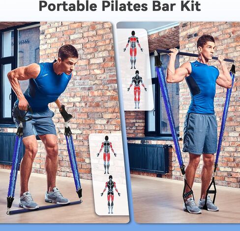 Hommie Portable Pilates Bar Kit with Resistance Bands for Men and Women, Upgraded 3 Section Pilates Bar with Resistance Bands (20/40/50lb) for Home Gym Equipment Supports Full-Body in Kuwait