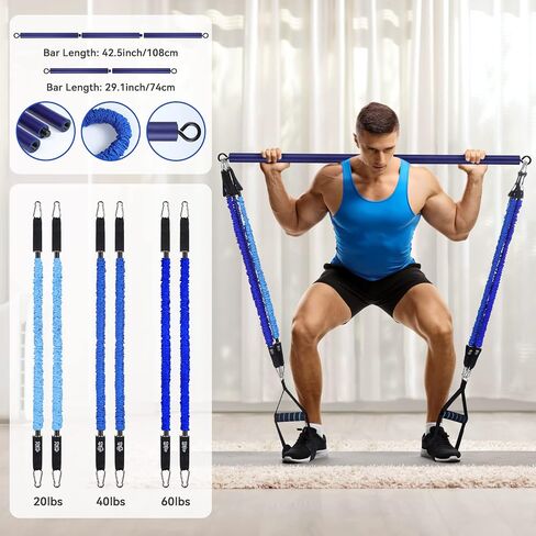 Hommie Portable Pilates Bar Kit with Resistance Bands for Men and Women, Upgraded 3 Section Pilates Bar with Resistance Bands (20/40/50lb) for Home Gym Equipment Supports Full-Body in Kuwait