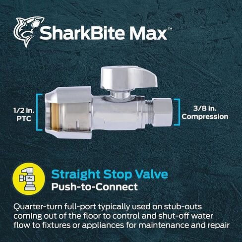 SharkBite Max 1/2 x 3/8 بوصة صمام توقف مستقيم للضغط، ربع دورة، ادفع لتوصيل تركيبات السباكة النحاسية، أنابيب PEX، النحاس، CPVC، PE-RT، HDPE، UR23037 in Kuwait