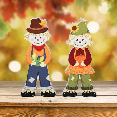 2Pcs Fall Decorations for Home, Wooden Fall Scarecrow Block Signs Autumn Tiered Tray Decor, Cute Scarecrow Fall Table Centerpieces, Thanksgiving Tabletop Decor for Harvest Party Decorations (Standing) in Saudi Arabia
