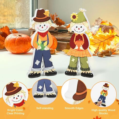 2Pcs Fall Decorations for Home, Wooden Fall Scarecrow Block Signs Autumn Tiered Tray Decor, Cute Scarecrow Fall Table Centerpieces, Thanksgiving Tabletop Decor for Harvest Party Decorations (Standing) in Saudi Arabia