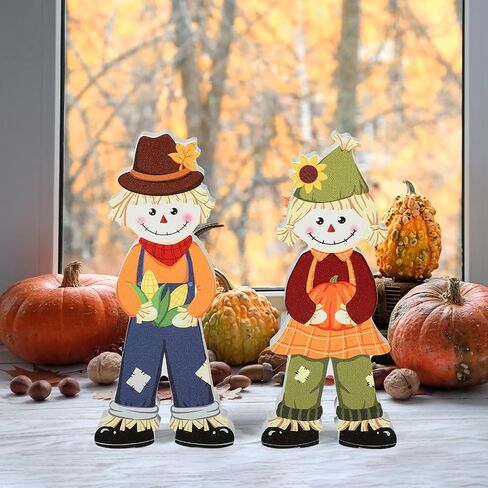 2Pcs Fall Decorations for Home, Wooden Fall Scarecrow Block Signs Autumn Tiered Tray Decor, Cute Scarecrow Fall Table Centerpieces, Thanksgiving Tabletop Decor for Harvest Party Decorations (Standing) in Saudi Arabia
