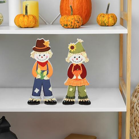 2Pcs Fall Decorations for Home, Wooden Fall Scarecrow Block Signs Autumn Tiered Tray Decor, Cute Scarecrow Fall Table Centerpieces, Thanksgiving Tabletop Decor for Harvest Party Decorations (Standing) in Saudi Arabia