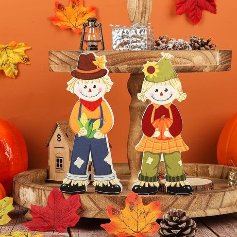 2Pcs Fall Decorations for Home, Wooden Fall Scarecrow Block Signs Autumn Tiered Tray Decor, Cute Scarecrow Fall Table Centerpieces, Thanksgiving Tabletop Decor for Harvest Party Decorations (Standing) in Saudi Arabia
