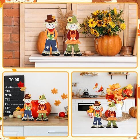 2Pcs Fall Decorations for Home, Wooden Fall Scarecrow Block Signs Autumn Tiered Tray Decor, Cute Scarecrow Fall Table Centerpieces, Thanksgiving Tabletop Decor for Harvest Party Decorations (Standing) in Saudi Arabia