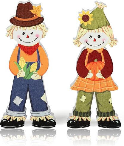 2Pcs Fall Decorations for Home, Wooden Fall Scarecrow Block Signs Autumn Tiered Tray Decor, Cute Scarecrow Fall Table Centerpieces, Thanksgiving Tabletop Decor for Harvest Party Decorations (Standing) in Saudi Arabia