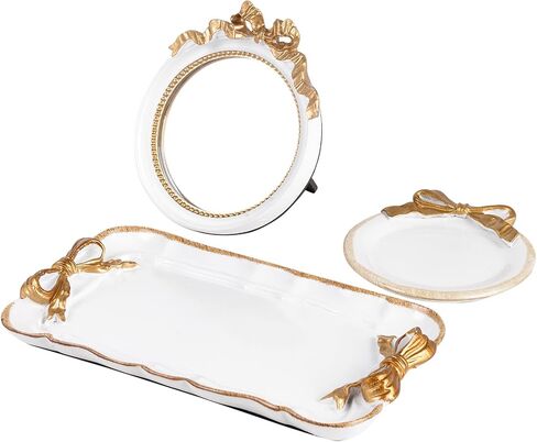 ديكور كوكيت لصينية العطور - مجموعة 3 قطع من صينية العطور المزخرفة، وصينية المجوهرات ومرآة مكياج القوس وصينية الغرور، ومنظمات صينية العطور الذهبية، وديكور عتيق للحمام في الغرفة، باللون الأبيض in Saudi Arabia