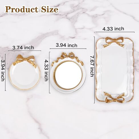 ديكور كوكيت لصينية العطور - مجموعة 3 قطع من صينية العطور المزخرفة، وصينية المجوهرات ومرآة مكياج القوس وصينية الغرور، ومنظمات صينية العطور الذهبية، وديكور عتيق للحمام في الغرفة، باللون الأبيض in Saudi Arabia