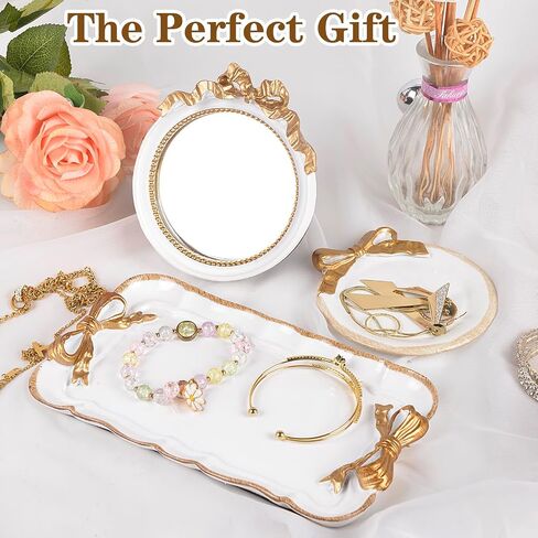 ديكور كوكيت لصينية العطور - مجموعة 3 قطع من صينية العطور المزخرفة، وصينية المجوهرات ومرآة مكياج القوس وصينية الغرور، ومنظمات صينية العطور الذهبية، وديكور عتيق للحمام في الغرفة، باللون الأبيض in Saudi Arabia