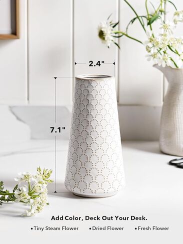 White Ceramic Vase for Centerpieces, 6 Inch+7.1 Inch Vase for Lego Flowers,Tulip and Pampas Grass, Embossed Farmhouse Flower Vases for Home Living Room Dining Table Office Decor, Arctic White in Saudi Arabia