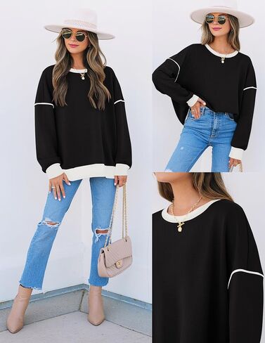 ZESICA Sweatshirts for Women Casual Long Sleeve Crewneck Contrast Color Oversized Pullover Tops 2024 Fall Clothes in Saudi Arabia