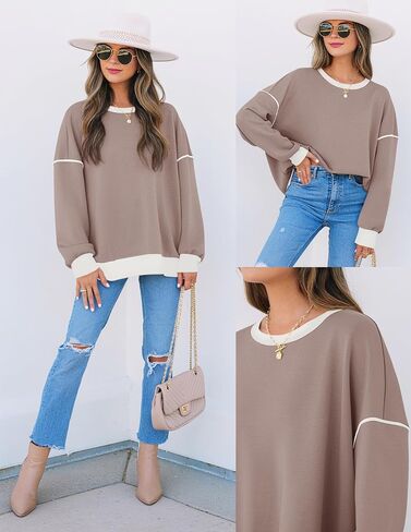 ZESICA Sweatshirts for Women Casual Long Sleeve Crewneck Contrast Color Oversized Pullover Tops 2024 Fall Clothes in Saudi Arabia