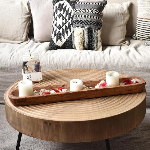 Rustic Hand Carved Decorative Wood Dough Bowl, Approx 30-Inch Large Bread-Shaped Centerpiece, Long Wooden Bowl for Home Decor in Kuwait