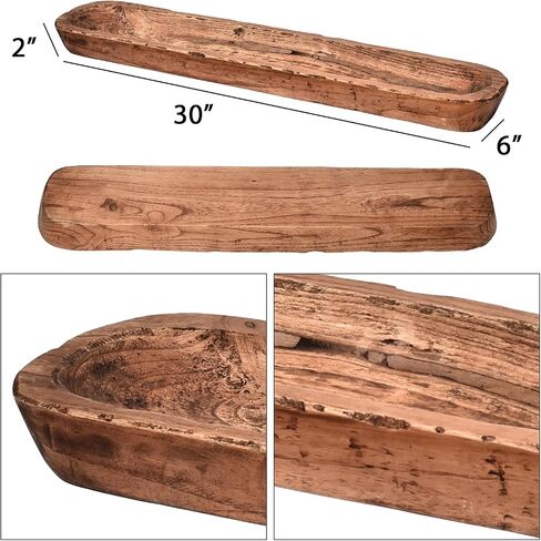 Rustic Hand Carved Decorative Wood Dough Bowl, Approx 30-Inch Large Bread-Shaped Centerpiece, Long Wooden Bowl for Home Decor in Kuwait