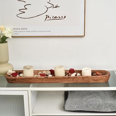 Rustic Hand Carved Decorative Wood Dough Bowl, Approx 30-Inch Large Bread-Shaped Centerpiece, Long Wooden Bowl for Home Decor in Kuwait
