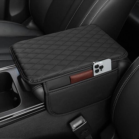 Car Center Console Cover Leather Armrest Cover Cushion with 2 Storage Bags Universal Car Armrest Seat Box Pad Car Interior Accessories Protector for Most Vehicle in Saudi Arabia