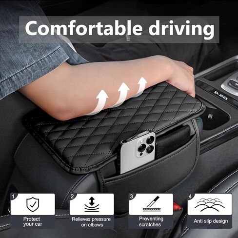 Car Center Console Cover Leather Armrest Cover Cushion with 2 Storage Bags Universal Car Armrest Seat Box Pad Car Interior Accessories Protector for Most Vehicle in Saudi Arabia