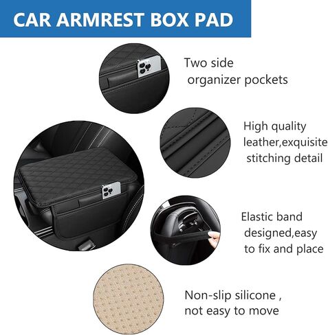 Car Center Console Cover Leather Armrest Cover Cushion with 2 Storage Bags Universal Car Armrest Seat Box Pad Car Interior Accessories Protector for Most Vehicle in Saudi Arabia