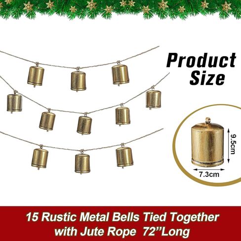 thyle 15 جهاز كمبيوتر شخصى عيد الميلاد ريفي شنقا أجراس إكليل على حبل سلسلة الجوت مع لمسة نهائية ذهبية عتيقة ديكور عيد الميلاد جرس إكليل ديكور لشجرة جدار باب المنزل in Saudi Arabia