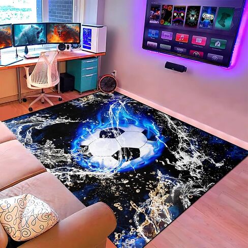 Soccer Rugs for Boys Bedroom - Soccer Ball Printed Area Rug Sports Rugs for Boys Bedroom Playroom Living Room Football Room Decor Sofa Floor Mat, 3'×5' in Saudi Arabia