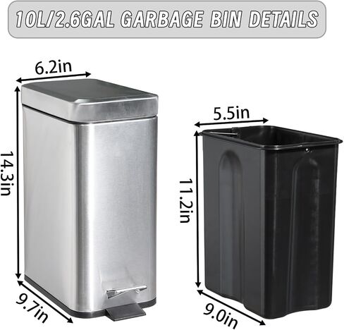 Rectangular Stainless Steel Trash Can Wastebasket with Lid Soft Close,Small Slim Step Pedal Meta Garbage Can,Silver 2.6Gallon/10L Dog Proof Garbage Container Bin for Bathroom,Bedroom,Kitchen,Office in Saudi Arabia