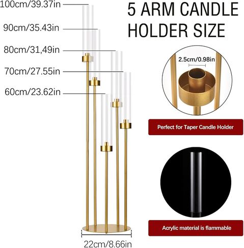 39.4'' Gold Tall 5 Arm Candle Holder with Acrylic Lampshade,Set of 4 Floor Candelabra for Wedding Table Birthday Party Home Decoration Fit LED Taper Candles in Saudi Arabia