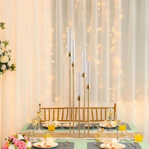 39.4'' Gold Tall 5 Arm Candle Holder with Acrylic Lampshade,Set of 4 Floor Candelabra for Wedding Table Birthday Party Home Decoration Fit LED Taper Candles in Saudi Arabia