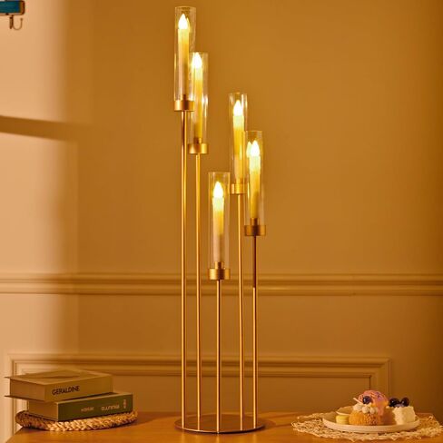 39.4'' Gold Tall 5 Arm Candle Holder with Acrylic Lampshade,Set of 4 Floor Candelabra for Wedding Table Birthday Party Home Decoration Fit LED Taper Candles in Saudi Arabia