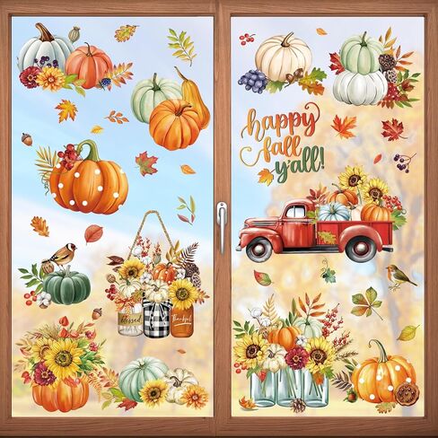 decalmile Woodland Animals Fall Pumpkin Window Clings Deer Fox Racoon Autumn Harvest Double Sided Window Decals Anti-Collision Window Stickers in Kuwait