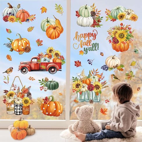decalmile Woodland Animals Fall Pumpkin Window Clings Deer Fox Racoon Autumn Harvest Double Sided Window Decals Anti-Collision Window Stickers in Kuwait