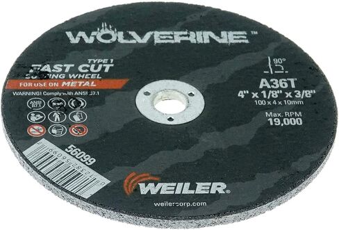 عجلة قطع Weiler 56099 مقاس 4 بوصات، قطع سريع من الفولاذ/المعدن Wolverine AO، قطع قيمة، 1/8 بوصة A36T نوع 1 3/8 بوصة (عبوة من 25 قطعة) in Saudi Arabia
