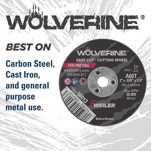 عجلة قطع Weiler 56099 مقاس 4 بوصات، قطع سريع من الفولاذ/المعدن Wolverine AO، قطع قيمة، 1/8 بوصة A36T نوع 1 3/8 بوصة (عبوة من 25 قطعة) in Saudi Arabia