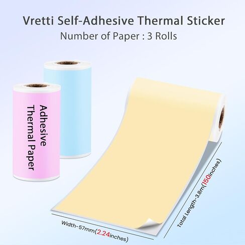 vretti Colorful Adhesive Thermal Sticker Paper for TP6-S/TP6 Pocket Printer, 57mm *30mm, 3 Rolls for Journal, Photos, Notes, Kids Gift in Saudi Arabia