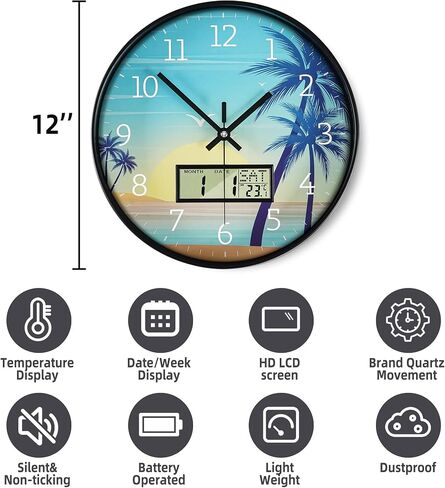Wall Clock, 12 Inch Dial Non-Ticking Silent Wall Clocks Battery Operated Analog with LCD Display for Calendar and Temperature Modern Wall Clock for Living Room, Bedroom, Kitchen, Office Decor in Saudi Arabia