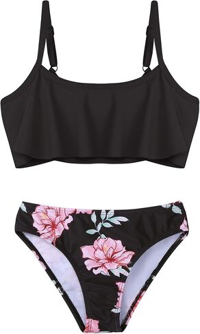 Arshiner Girls Swimsuit Two Pieces Bikini Set Ruffle Bathing Suits Flounced Tankini Swimwear Coral - Hibiscus for 14-15 Years in Kuwait