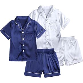 Girls 4 Piece Pajamas Set Silk Button-Up Top and Shorts Boys Sleepwear Nightwear for Kids