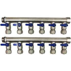 12 Loop Plumbing Manifold w/ 1" trunk & 1/2" pex ball valves, blue handle
