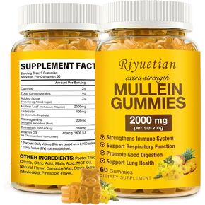 2 Pack Mullein Gummies 2000mg, Boost Respiratory & Digestive, Immune Booster for adults & kids, Vegan supplement, Non-GMO and 60 Gummies Dietray Supplement.