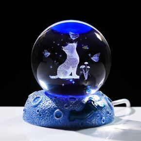 Crystal 3D Cat and Butterfly 2.36in Ball Figurine Gifts for Women Glass Animal Art for Room with Space Light Base Keepsakes for Cat Lover Home Decor Paperweight