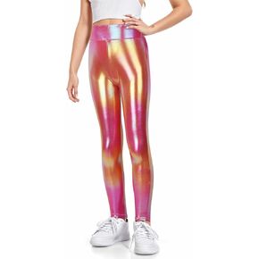 JiAmy Girls Active Leggings, Shiny Metallic Leggings, Stretchy Dance Pants, Mystique Workout Tights for Kids Teen 6-12 Years