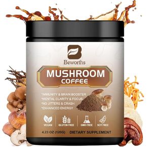 Mushroom Powder - Lions Mane Mushroom Powder Instant Coffee with Lion's Mane, Reishi, Chaga, Cordyceps, and Turkey Tail - Mushroom Coffee Alternative for Energy, Mental Clarity Focus, Brain Booster