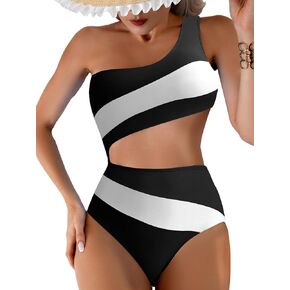 OYOANGLE Women's Color Block One Shoulder Cut Out One Piece Swimsuit Bathing Suits Beachwear