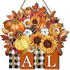 Bencailor Fall Door Sign Decoration 11.81 x 11.81 x 0.2 Inches Pumpkin Sunflower Wooden Door Decor Thanksgiving Fall Door Hanger for Autumn Harvest Home