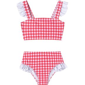 LIZENS Girls Plaid Swimwear Two Piece Trim Swimsuit 2-12 Toddler Beach Bathing Suit for Kids