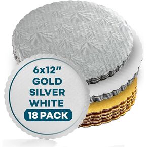 12-inch Set of 18 pcs. (6 of Each Color) White, Silver and Gold Round Disposable Coated Scalloped Edge Cake Boards