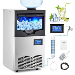 140LBS/24H Commercial Ice Maker Machine, with 2 Water Inlets, Freestanding Ice Machine with 22lbs Storage Bin, Ice Scoop & Water Filter for Home Office Restaurant Bar Cafe