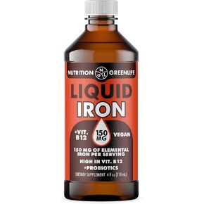 Liquid Iron Highest Concentration 150mg Vegan + Vitamin B12, Folic Acid Supplement 4 fl oz (23 Servings)